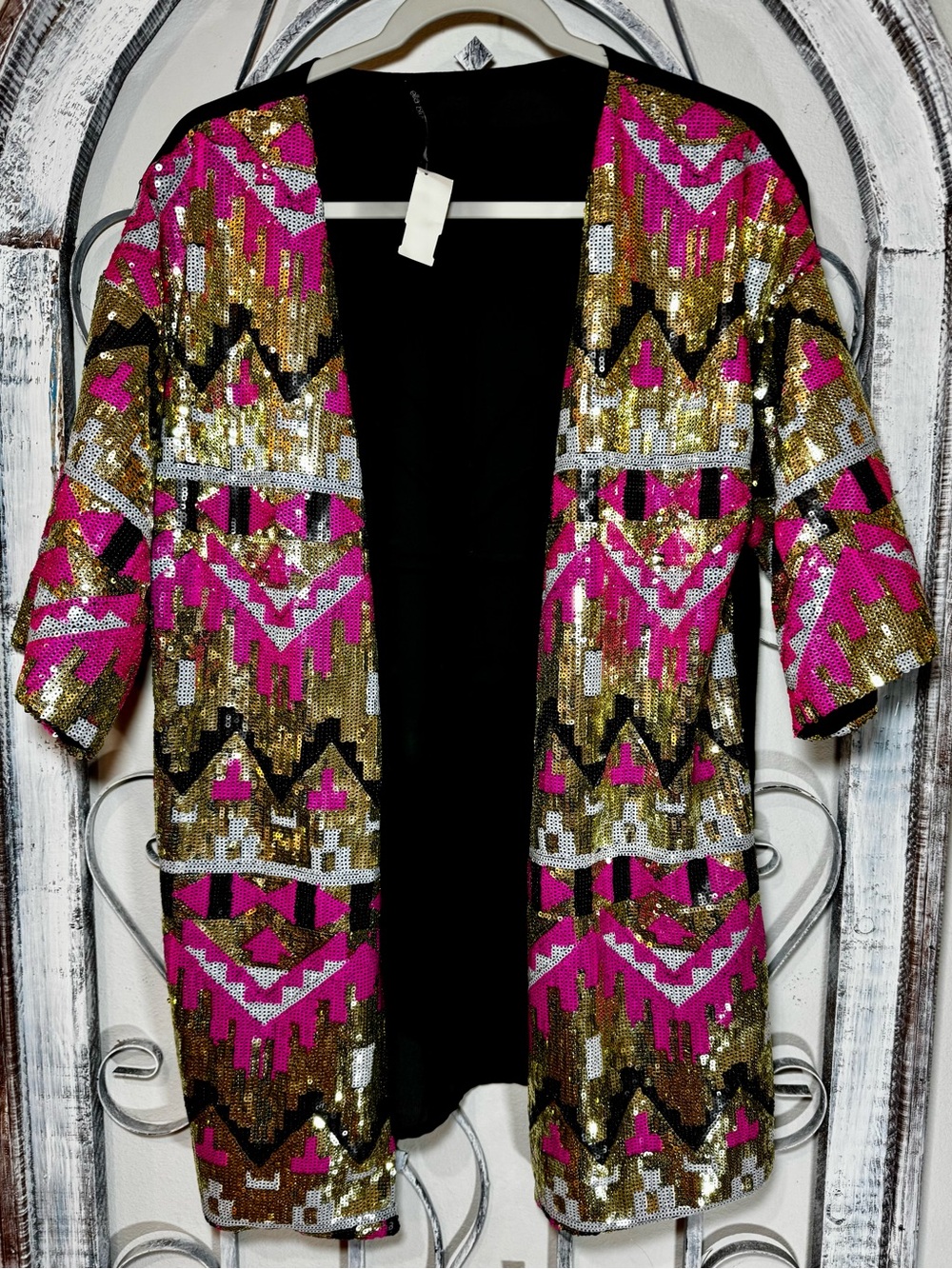 Ella Blue Sequin Aztec Open Front Kimono - Pink, Gold, Black #1670